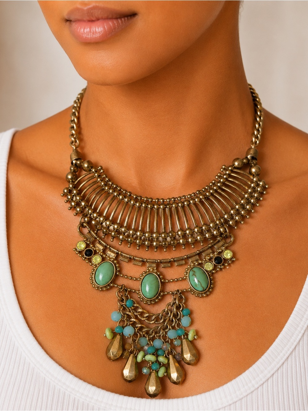 Boho Statement Necklace in Antique Gold with Turquoise Accents